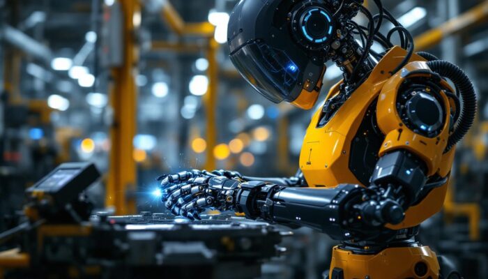 A photograph of a modern industrial robot in action within a manufacturing environment