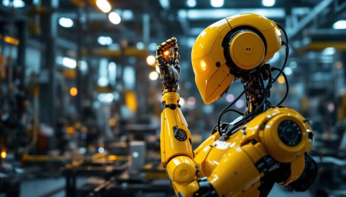 A photograph of a high-tech industrial robot in action