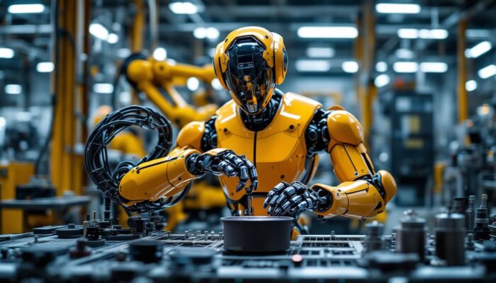 A photograph of a sleek industrial robot in action