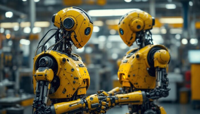 A photograph of a vintage industrial robot in action within a factory setting