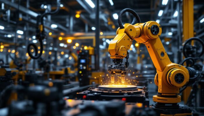 A photograph of a dynamic industrial setting featuring a robotic arm in action