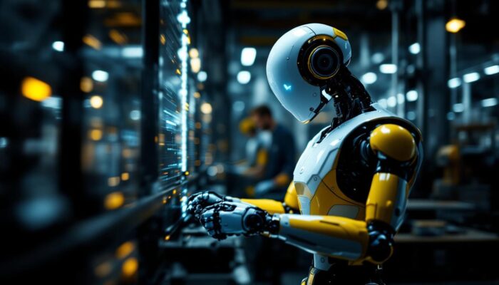 A photograph of a modern industrial robot in action within a manufacturing environment
