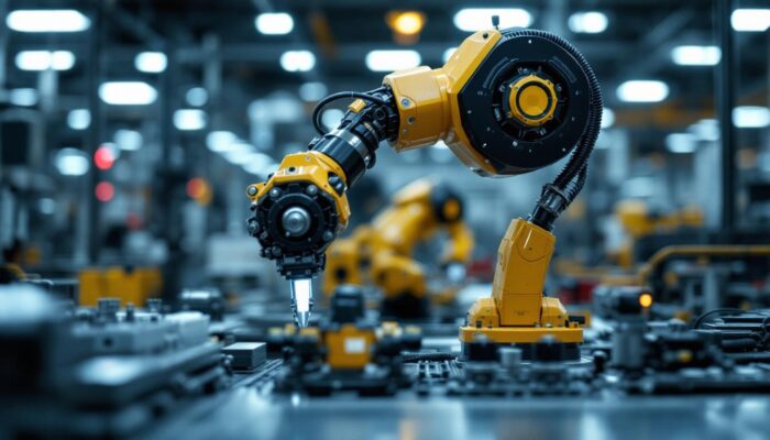 A photograph of a sleek industrial robot in action on a factory floor