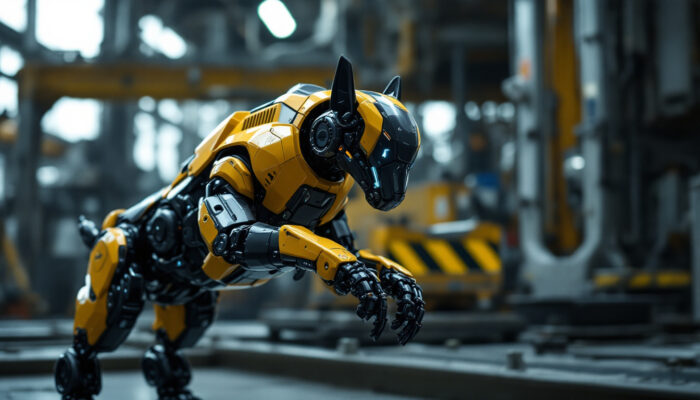 A photograph of capture a photograph of a boston dynamics robotic dog in action