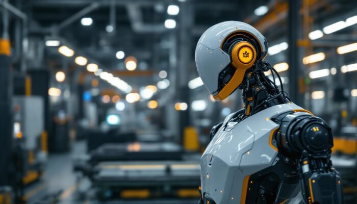 A photograph of a modern industrial robot in action on a factory floor