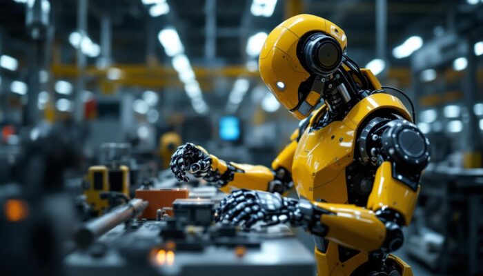 A photograph of a sophisticated industrial robot in action within a manufacturing environment