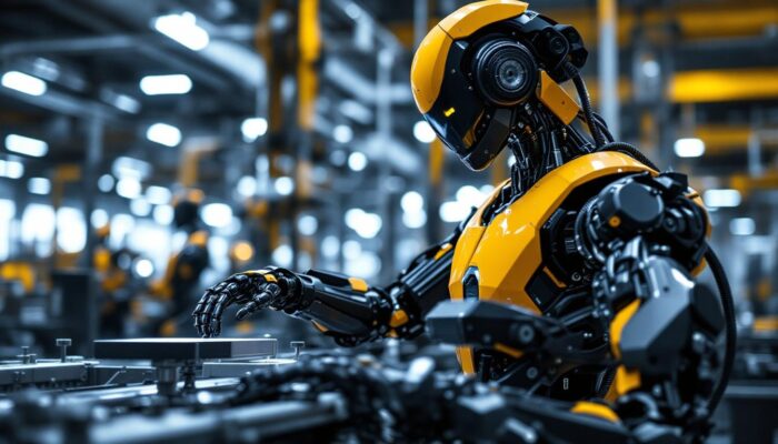 A photograph of a sleek industrial robot in action within a manufacturing environment
