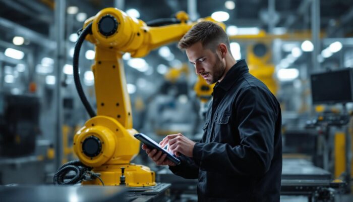A photograph of a skilled technician operating a state-of-the-art industrial robotic arm in a dynamic manufacturing environment