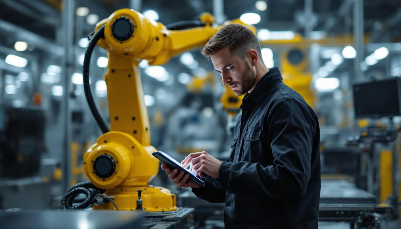 A photograph of a skilled technician operating a state-of-the-art industrial robotic arm in a dynamic manufacturing environment