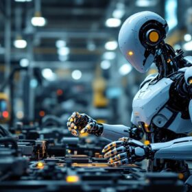 A photograph of a sleek industrial robot in action within a modern manufacturing environment