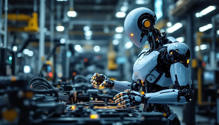 A photograph of a sleek industrial robot in action within a modern manufacturing environment