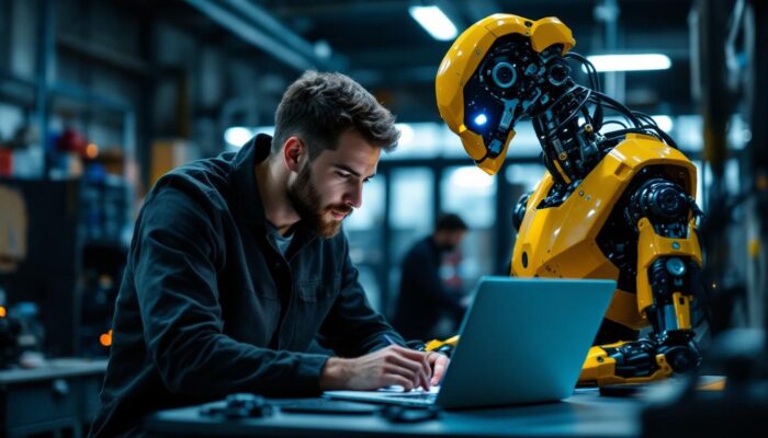 A photograph of a beginner programmer interacting with an industrial robot in a workshop setting