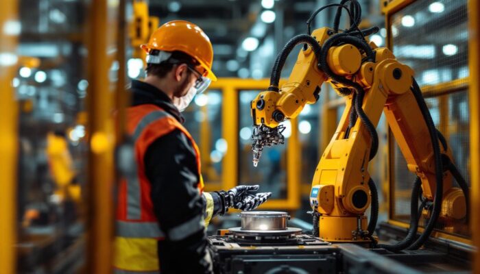 A photograph of a skilled technician interacting safely with an industrial robot in a factory setting