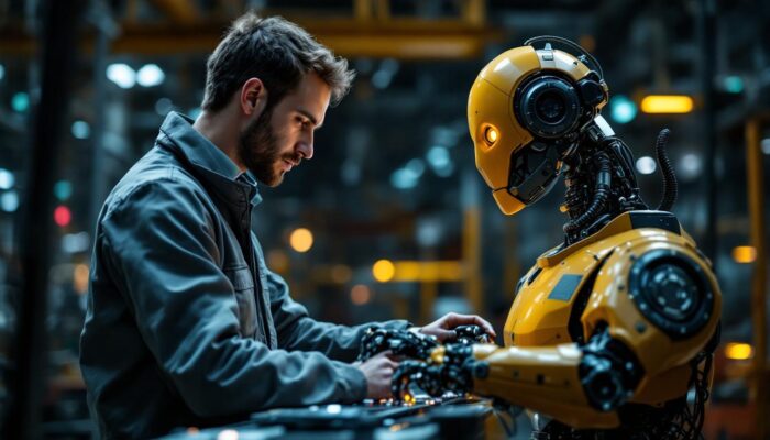 A photograph of a skilled engineer programming an industrial robot in a modern factory setting
