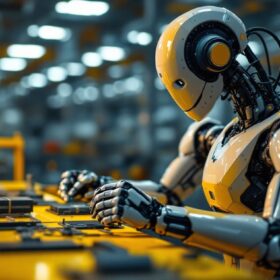 A photograph of a modern industrial robot in action on a factory floor
