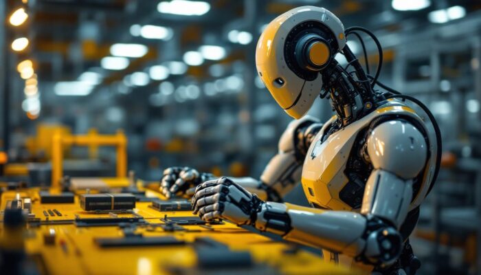 A photograph of a modern industrial robot in action on a factory floor