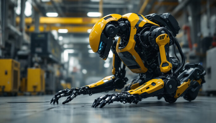 A photograph of a boston dynamics robot in action within an industrial setting