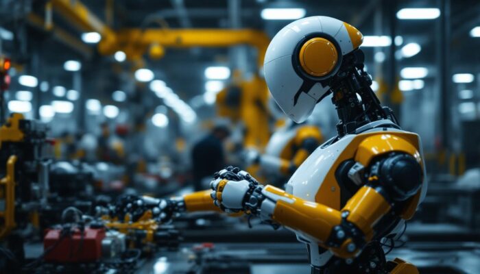 A photograph of a modern industrial robot in action within a manufacturing environment