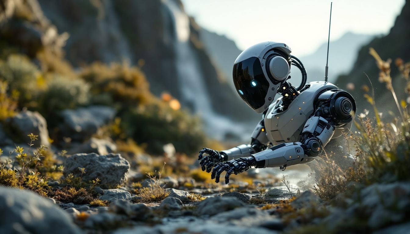 A photograph of a sleek outdoor industrial robot in action