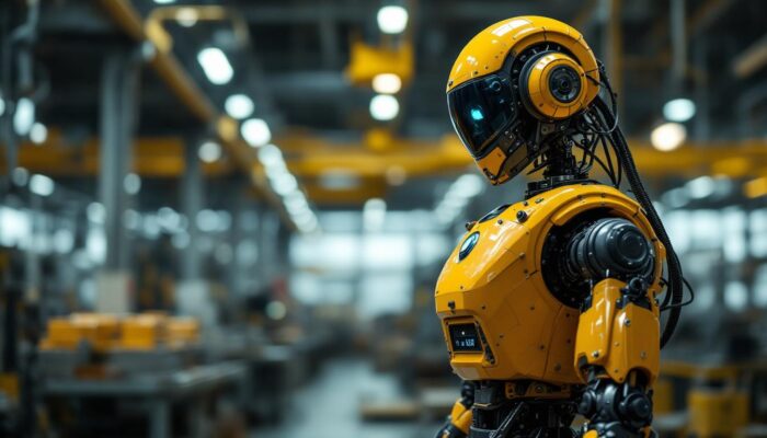 A photograph of a vintage industrial robot in a factory setting