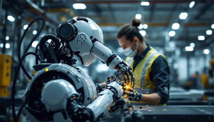 A photograph of a modern industrial robot in action on a factory floor