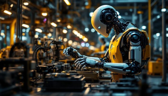 A photograph of a modern industrial robot in action on a factory floor