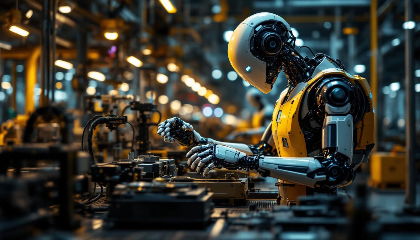 A photograph of a modern industrial robot in action on a factory floor