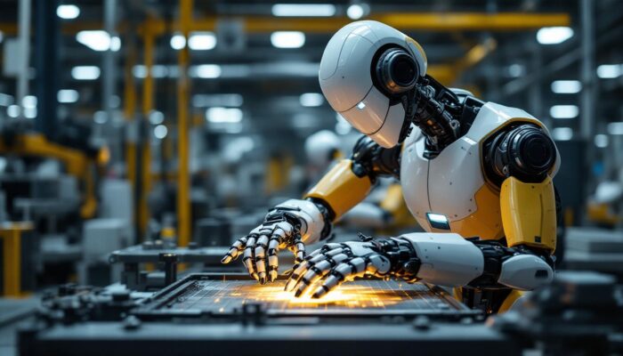 A photograph of a modern industrial robot in action