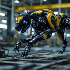 A photograph of capture a photograph of a boston dynamics robotic dog in action within an industrial setting