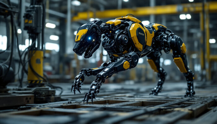 A photograph of capture a photograph of a boston dynamics robotic dog in action within an industrial setting