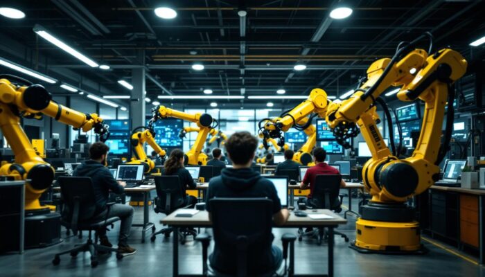 A photograph of a dynamic industrial robotics coding class in action