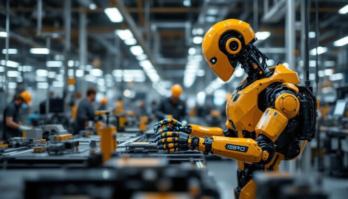 A photograph of a modern industrial robot in action on a factory floor