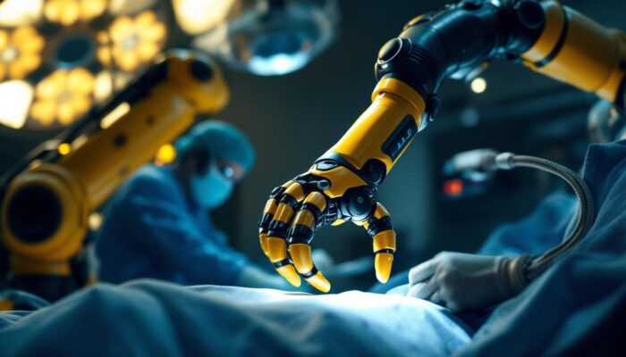 A photograph of a robotic arm assisting a surgeon during a minimally invasive procedure