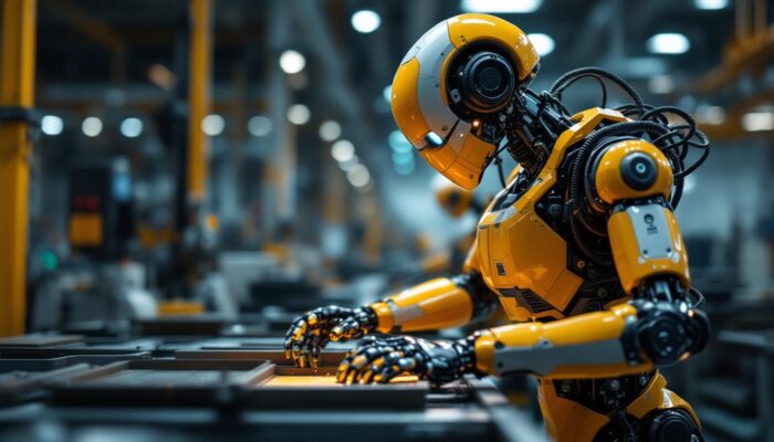 A photograph of a modern industrial robot in action on a factory floor