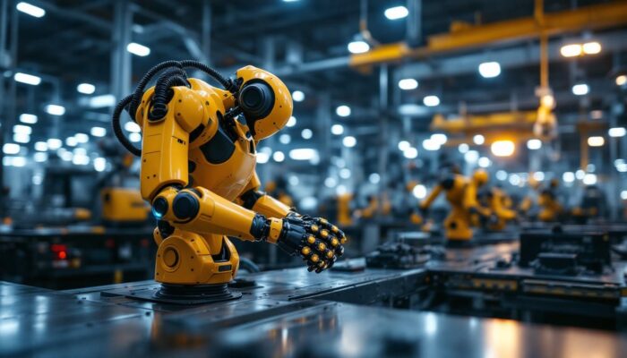 A photograph of a modern industrial robot in action on a factory floor