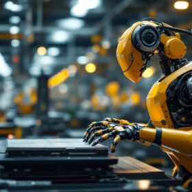 A photograph of a modern industrial robot in action on a factory floor