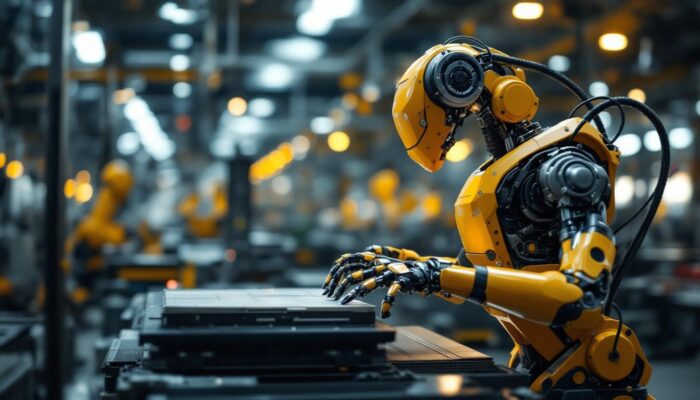 A photograph of a modern industrial robot in action on a factory floor