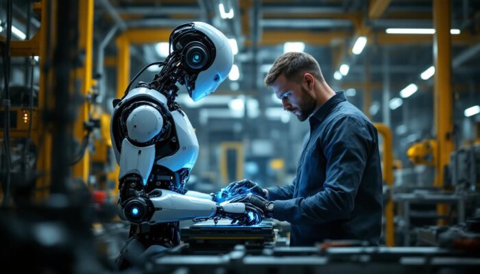 A photograph of a collaborative robot (cobot) working alongside a human in an industrial setting