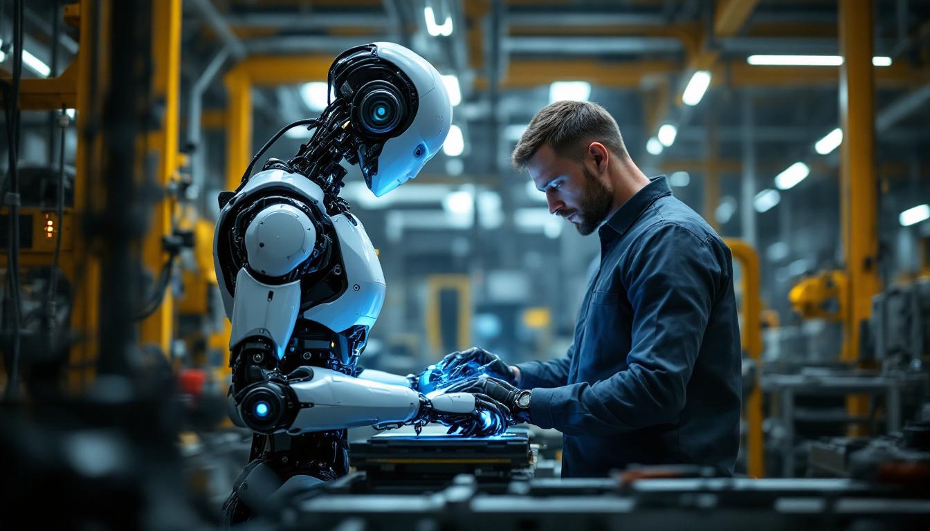 A photograph of a collaborative robot (cobot) working alongside a human in an industrial setting