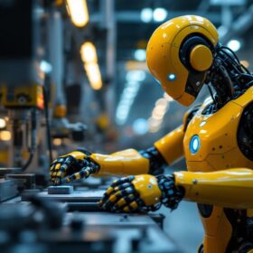 A photograph of a sleek industrial robot in action within a manufacturing environment