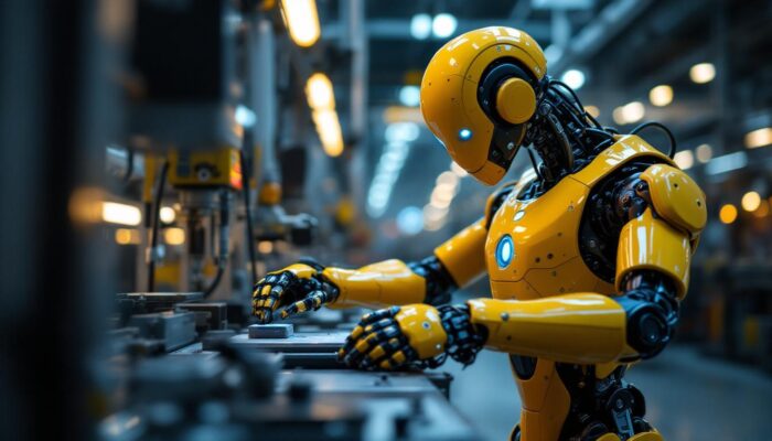 A photograph of a sleek industrial robot in action within a manufacturing environment