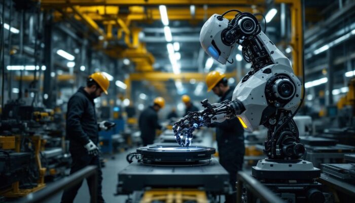 A photograph of a modern industrial robot in action on a factory floor