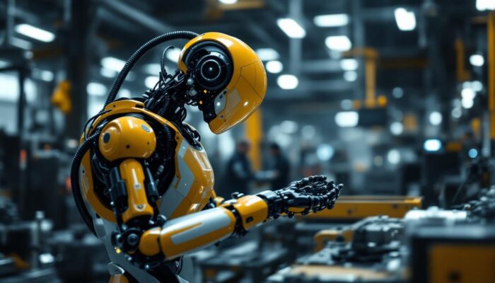 A photograph of a modern industrial robot in action within a manufacturing facility