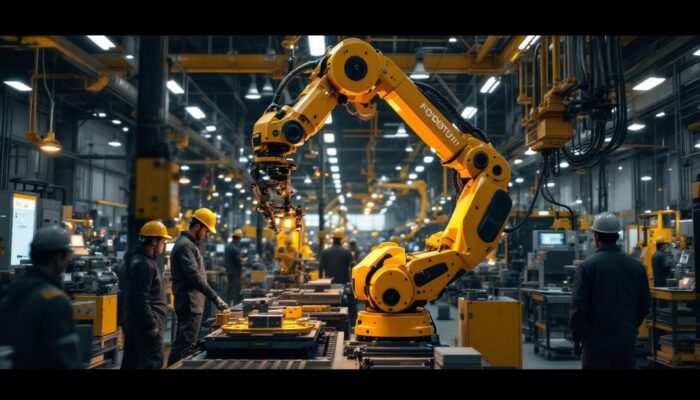 A photograph of a bustling factory floor showcasing a sleek industrial robot in action