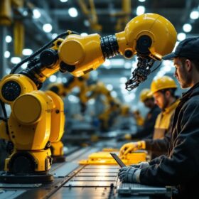 A photograph of a modern industrial robot in action within a manufacturing environment