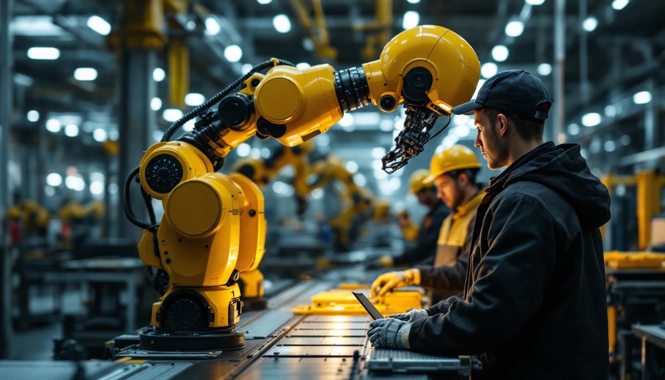 A photograph of a modern industrial robot in action within a manufacturing environment