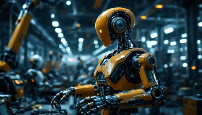 A photograph of a vintage industrial robot in a factory setting