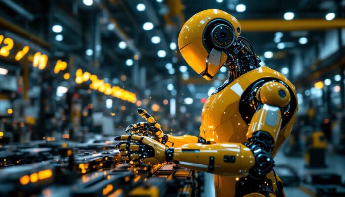 A photograph of a sleek industrial robot equipped with advanced ai technology