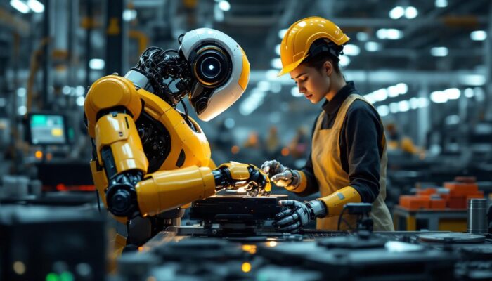 A photograph of a modern industrial robot in action on a factory floor