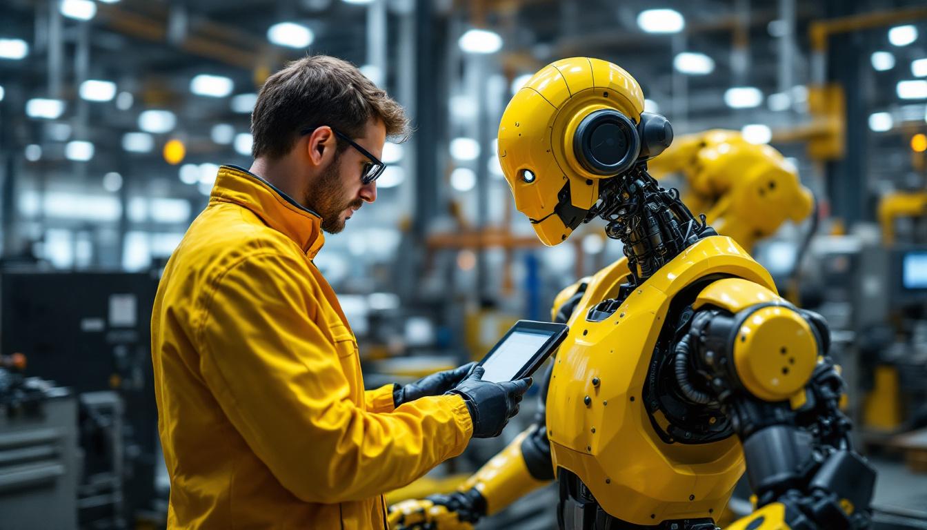 A photograph of a skilled technician programming an industrial robot in a modern manufacturing facility